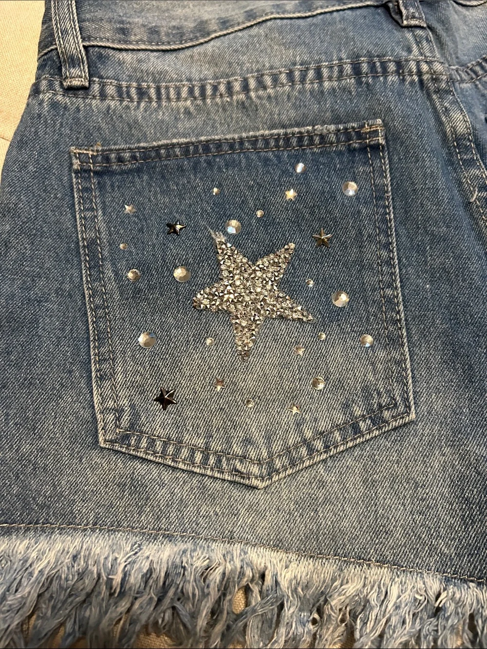 Fashion Nova Dark Blue Denim Star Studded Frayed Hem Shorts